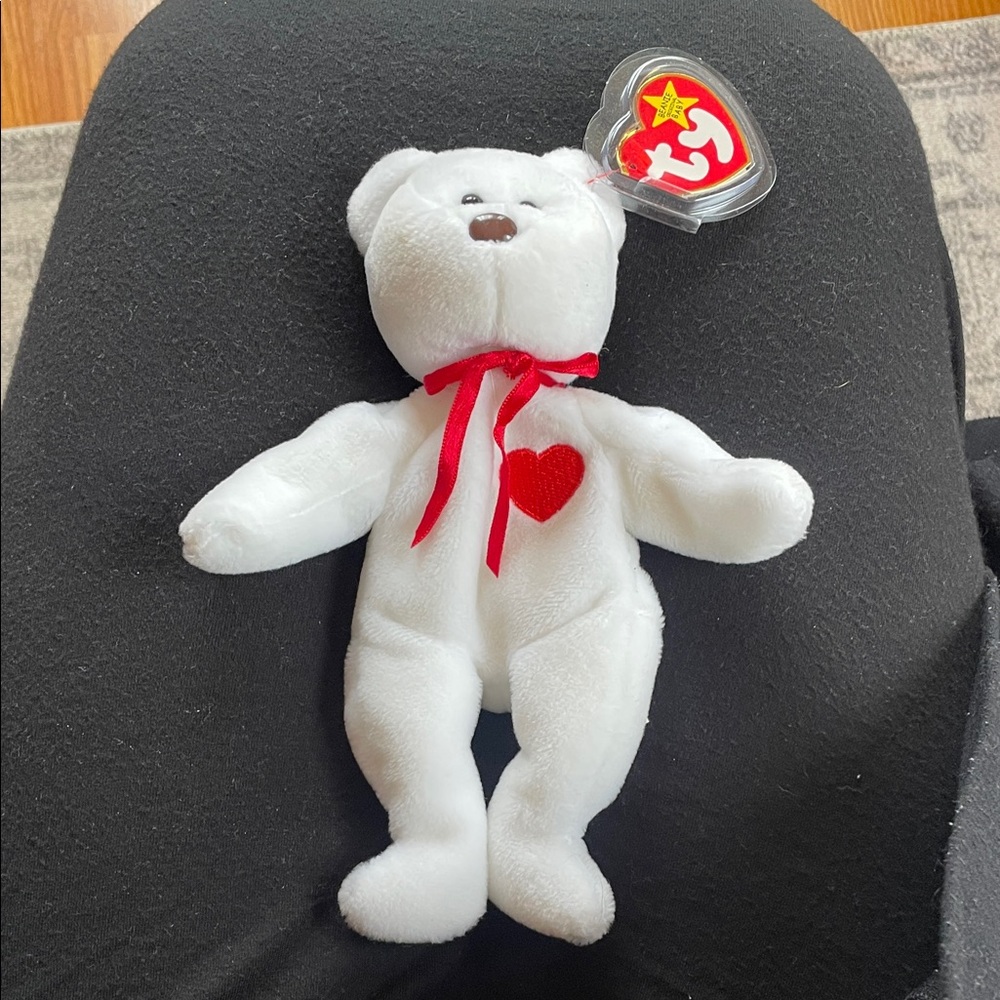 Ty Plush White Bear with Red Heart and Ribbon